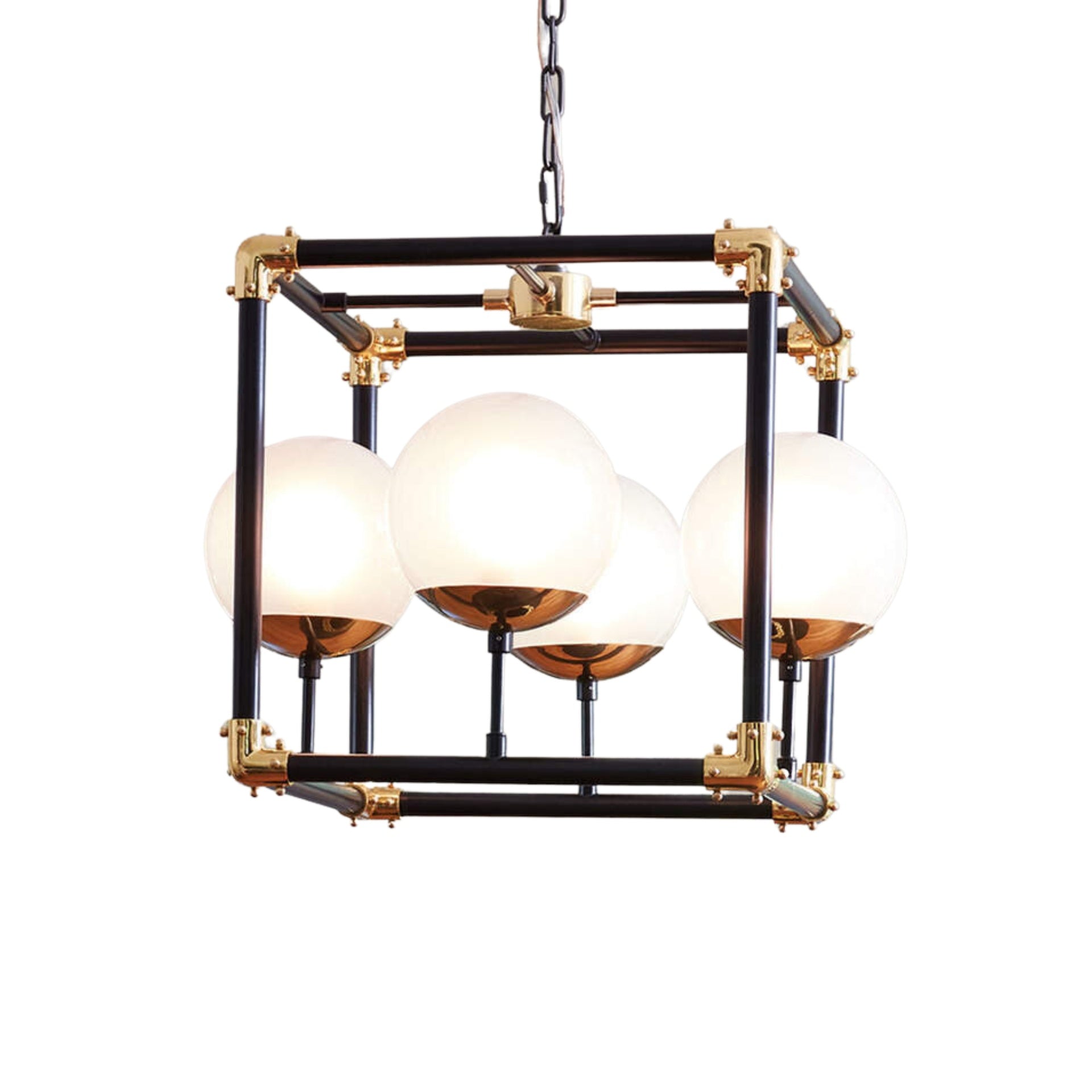 Pendant Black Cube With Gold Details And White Crystal Globes G9x4 120V/60HZ