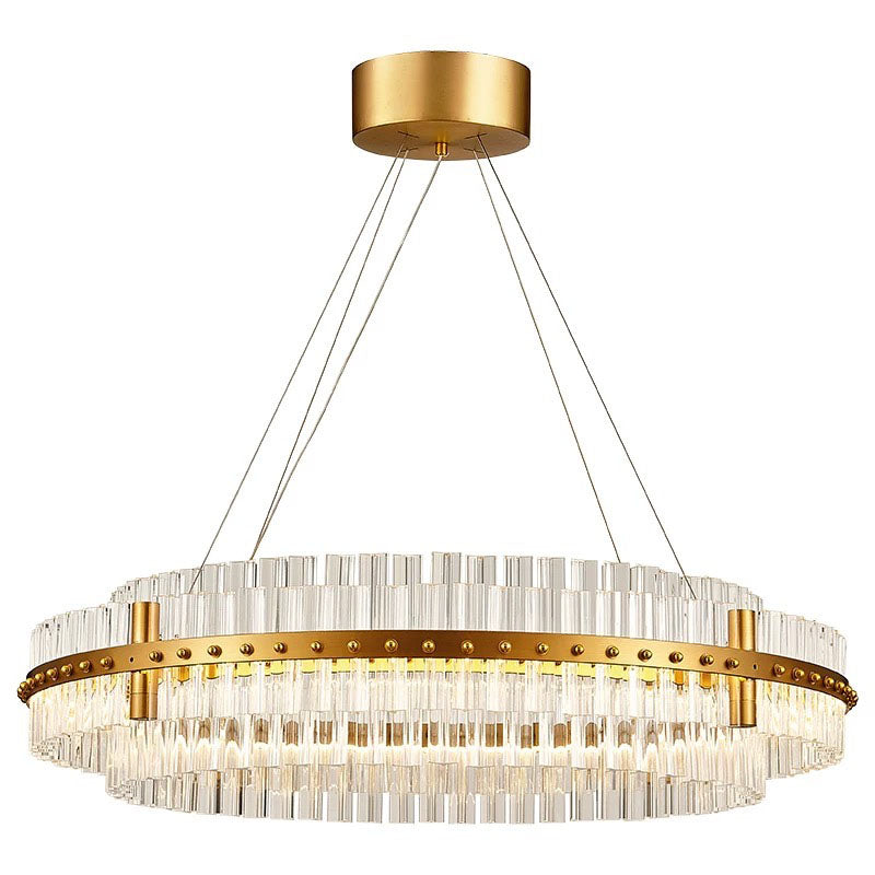Gold Round Pendant with Cylindrical Crystals D39in 88W LED 3000K 120v/60hz